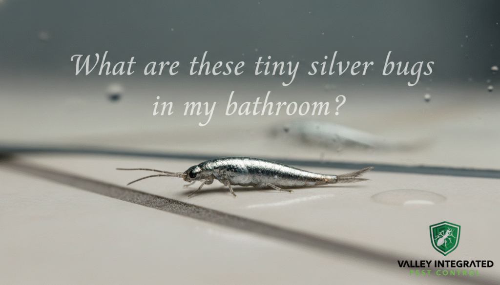 A silverfish on a light-colored tiled surface with water droplets, with text asking "What are these tiny silver bugs in my bathroom?" and a pest control logo.