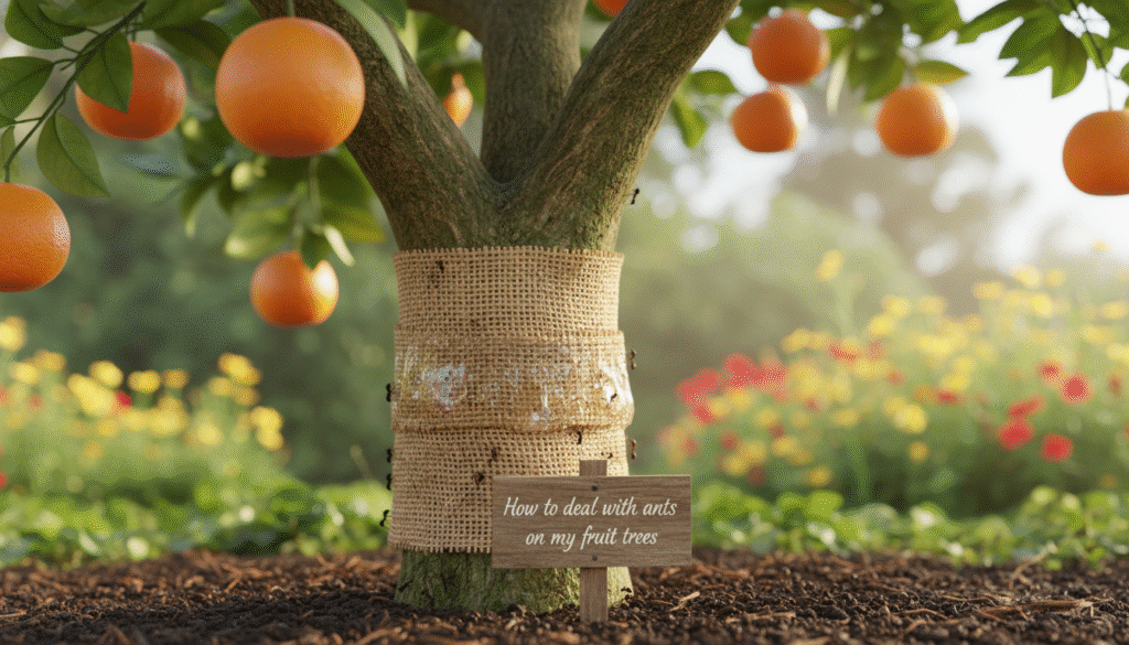 An orange fruit tree with a burlap and sticky barrier wrapped around its ant-covered trunk. A sign in front reads 'How to deal with ants on my fruit trees' with a garden in the background.