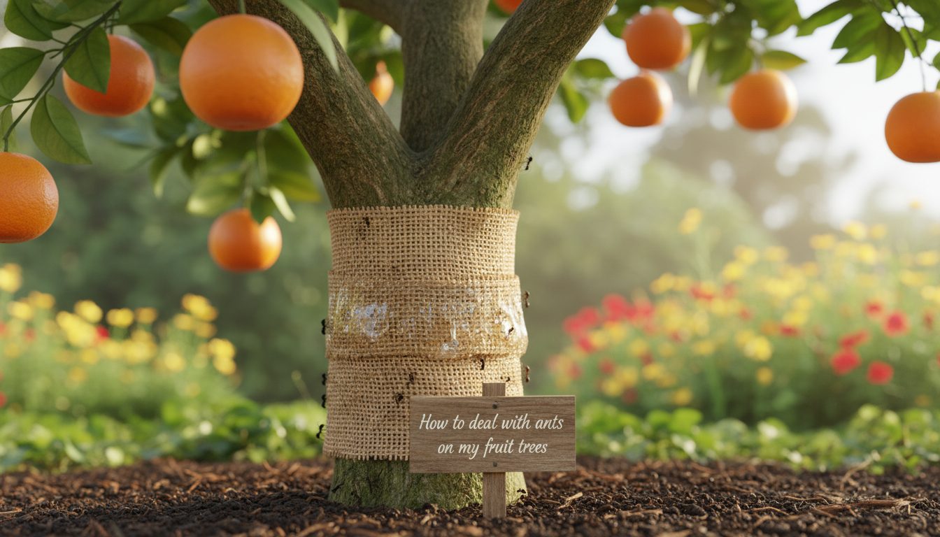 An orange fruit tree with a burlap and sticky barrier wrapped around its ant-covered trunk. A sign in front reads 'How to deal with ants on my fruit trees' with a garden in the background.