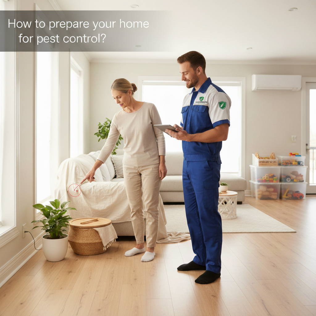 homeowner explaining house preparation to pest control technician. 