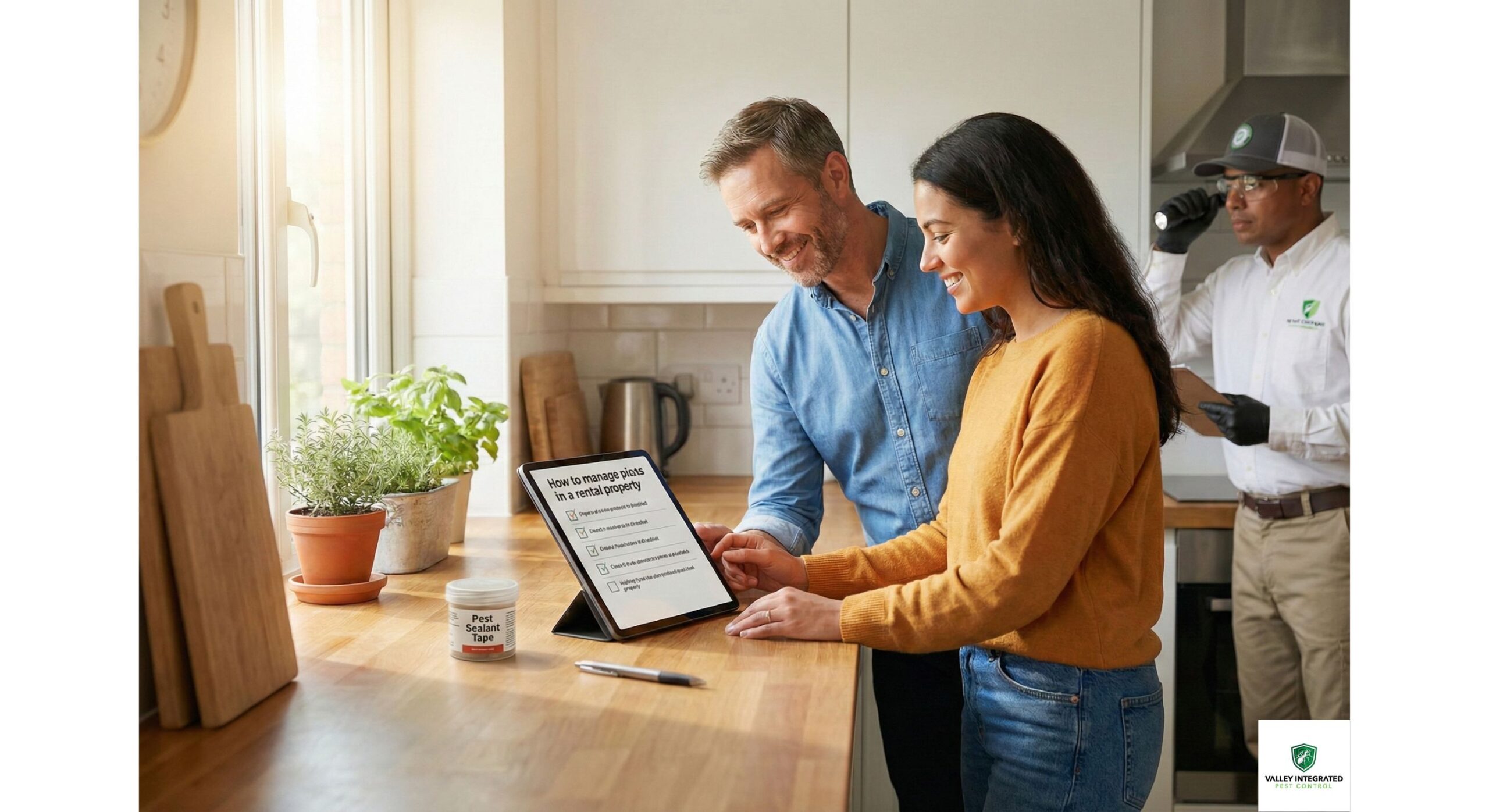 A landlord and tenant couple smile as they review a digital "How to manage pests in a rental property" checklist on a tablet in a kitchen, with a container of pest sealant tape and a pen nearby. In the background, a professional pest control technician in a white shirt, cap, and gloves inspects the area with a flashlight.