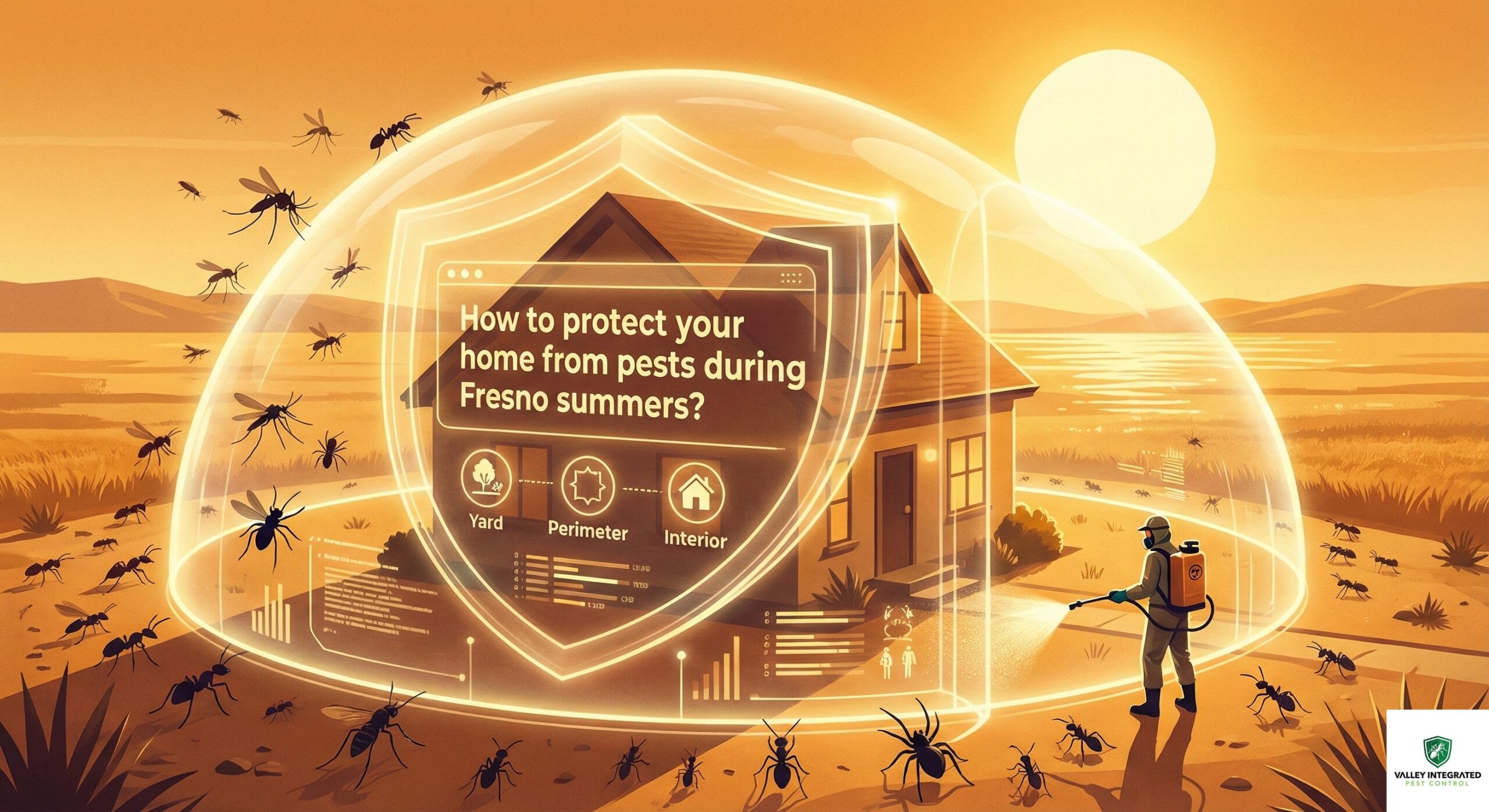 Digital illustration of a Fresno home protected by a glowing 3-zone defense shield blocking ants, spiders, and mosquitoes, featuring the text: How to protect your home from pests during Fresno summers?