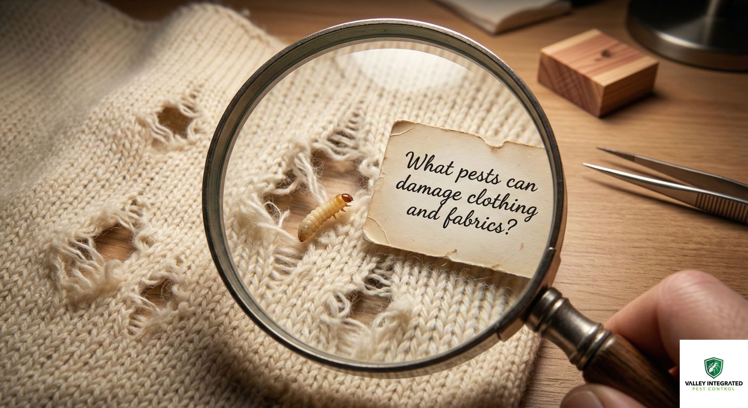 A macro photograph shows a hand holding a magnifying glass over a piece of knitted wool fabric riddled with holes, revealing a clothes moth larva next to a small card that reads, "What pests can damage clothing and fabrics?"