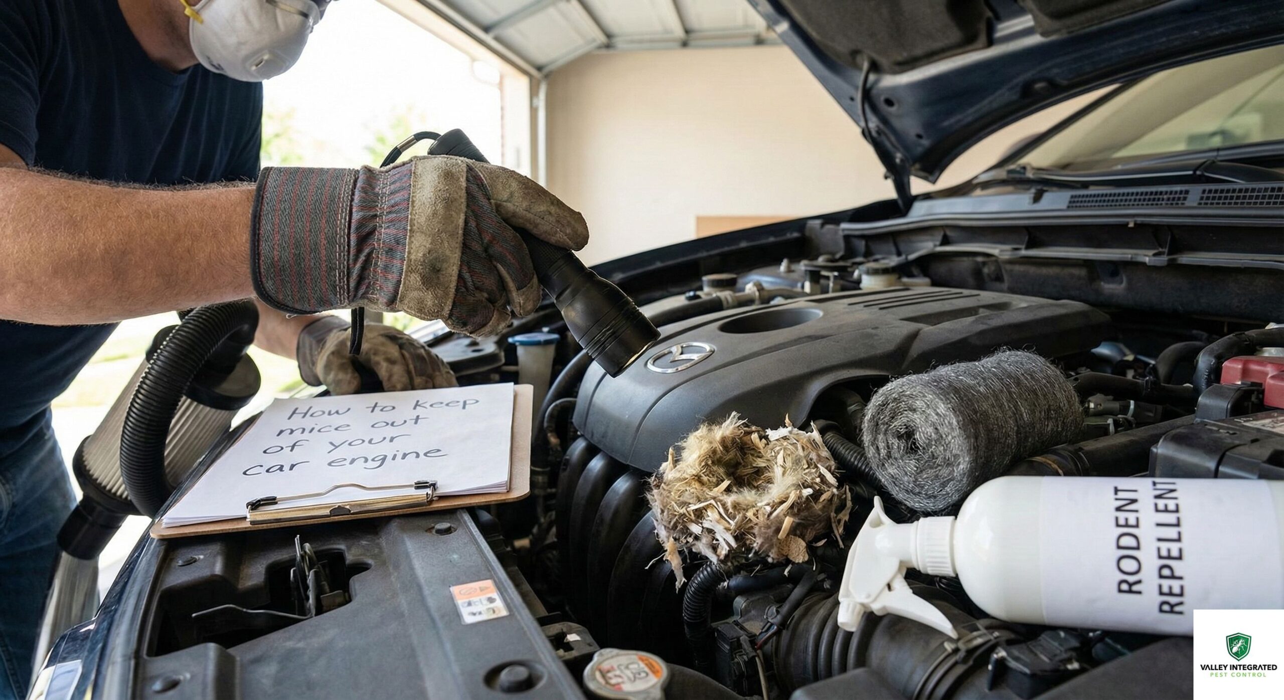 A person wearing an N95 respirator and heavy-duty work gloves uses a flashlight to inspect a rodent nest inside a car engine bay. On the engine block sits a roll of steel wool and a bottle of rodent repellent spray. In the foreground, a clipboard clearly displays the title, "How to keep mice out of your car engine."