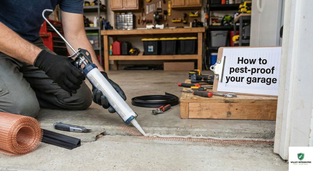A person in work gloves uses a caulking gun to apply sealant over a strip of copper mesh at the base of a garage wall. In the foreground, a roll of copper mesh and a black rubber garage door seal sit on the concrete floor. To the right, a clipboard displays the title "How to pest-proof your garage" in bold text against the backdrop of an organized home workshop.