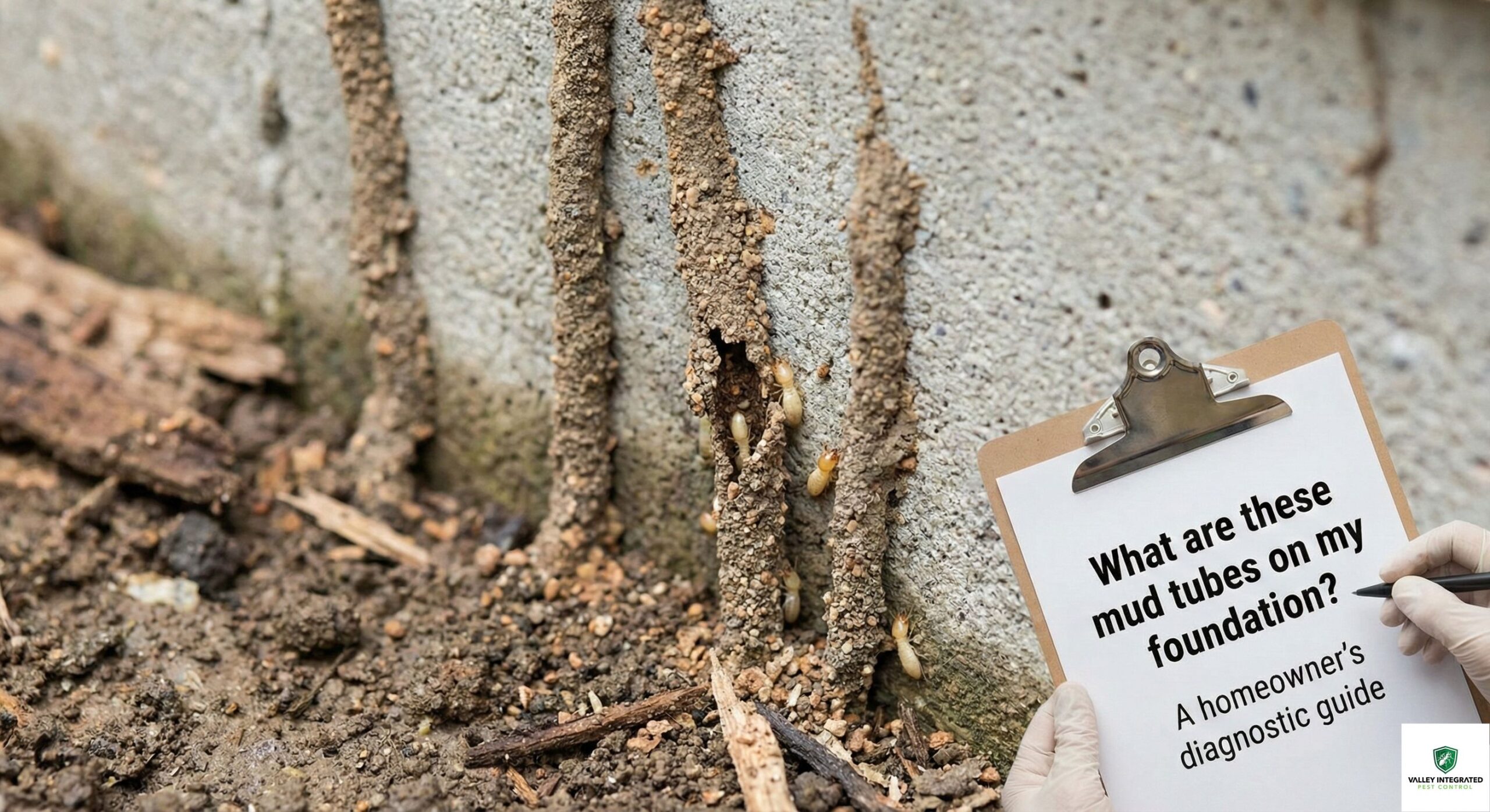 A close-up photograph of subterranean termite mud tubes on a concrete foundation wall, with one tube broken open to reveal worker termites inside. Gloved hands hold a clipboard next to the tubes containing a guide titled, 'What are these mud tubes on my foundation? A homeowner's diagnostic guide.'
