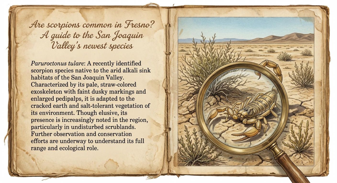 Open book with illustration of San Joaquin Valley scorpi +on under a magnifying glass. Fresno scorpions.