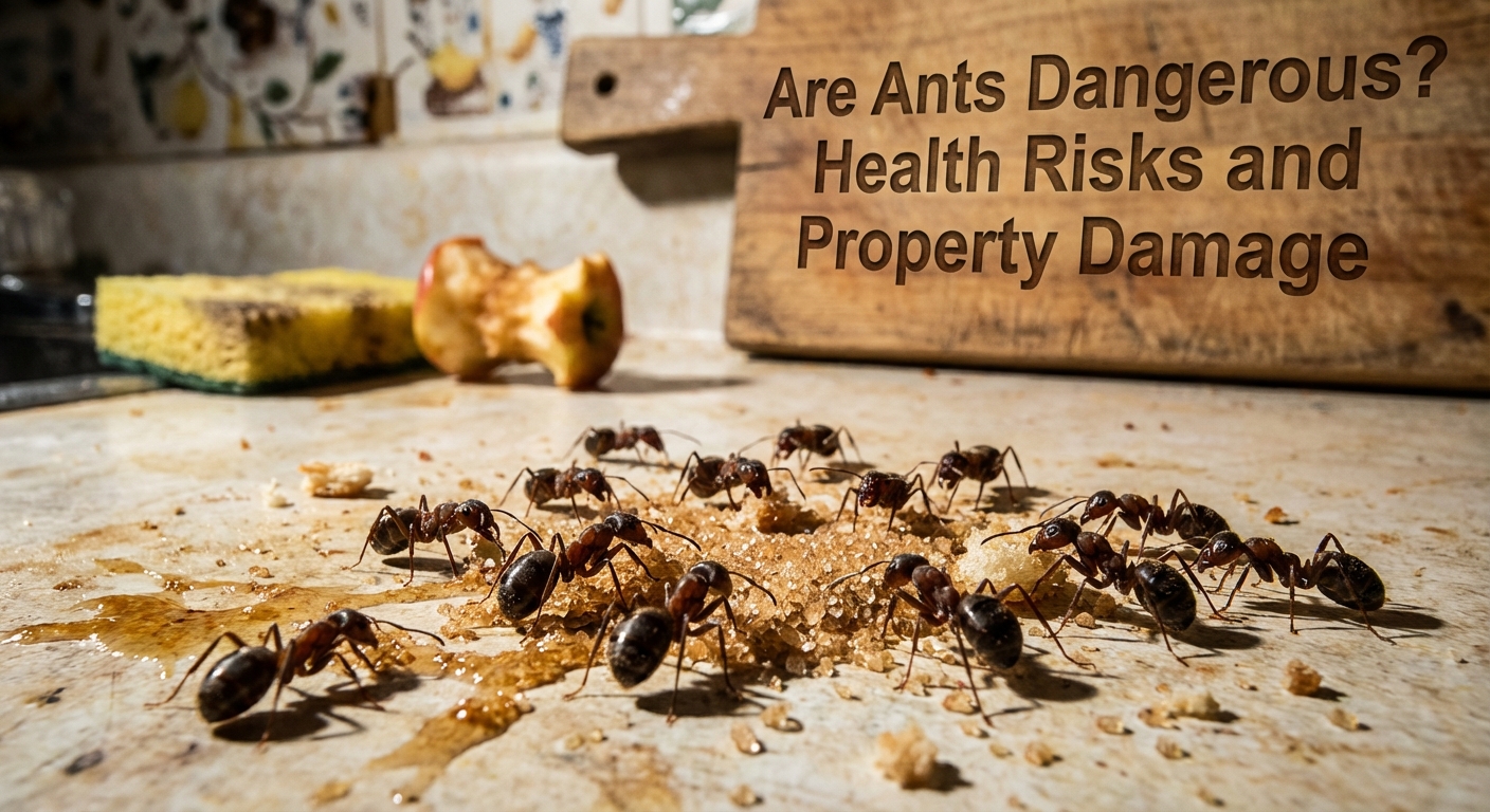 Close-up of brown ants swarming crumbs on a kitchen counter, highlighting potential ant infestation risks.