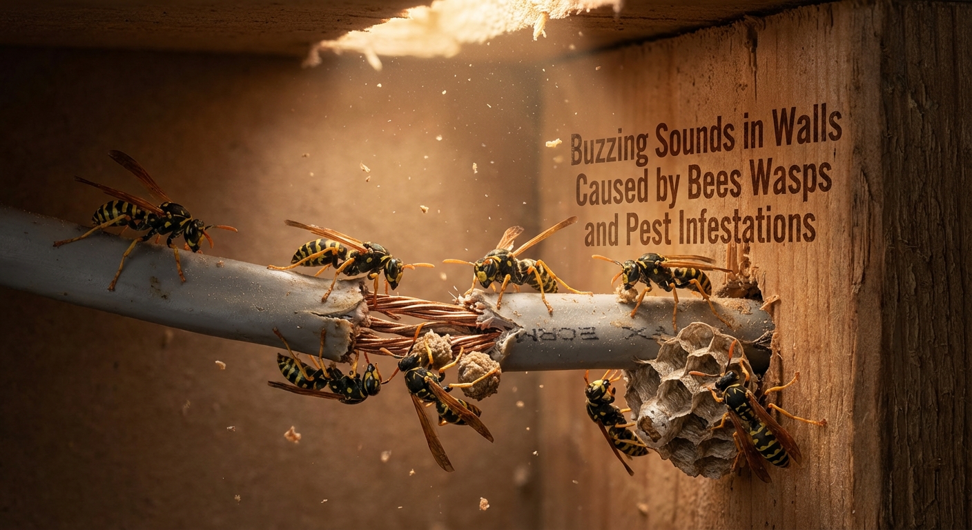 Yellowjacket wasps building a nest on damaged electrical wiring inside a wooden wall cavity.