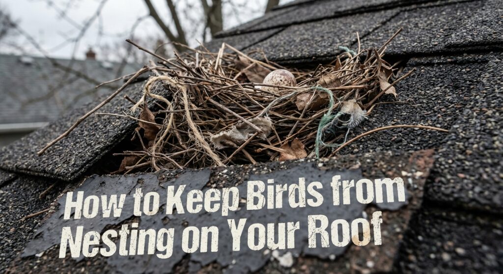 Bird nest with egg on roof. Prevent birds nesting on your roof.