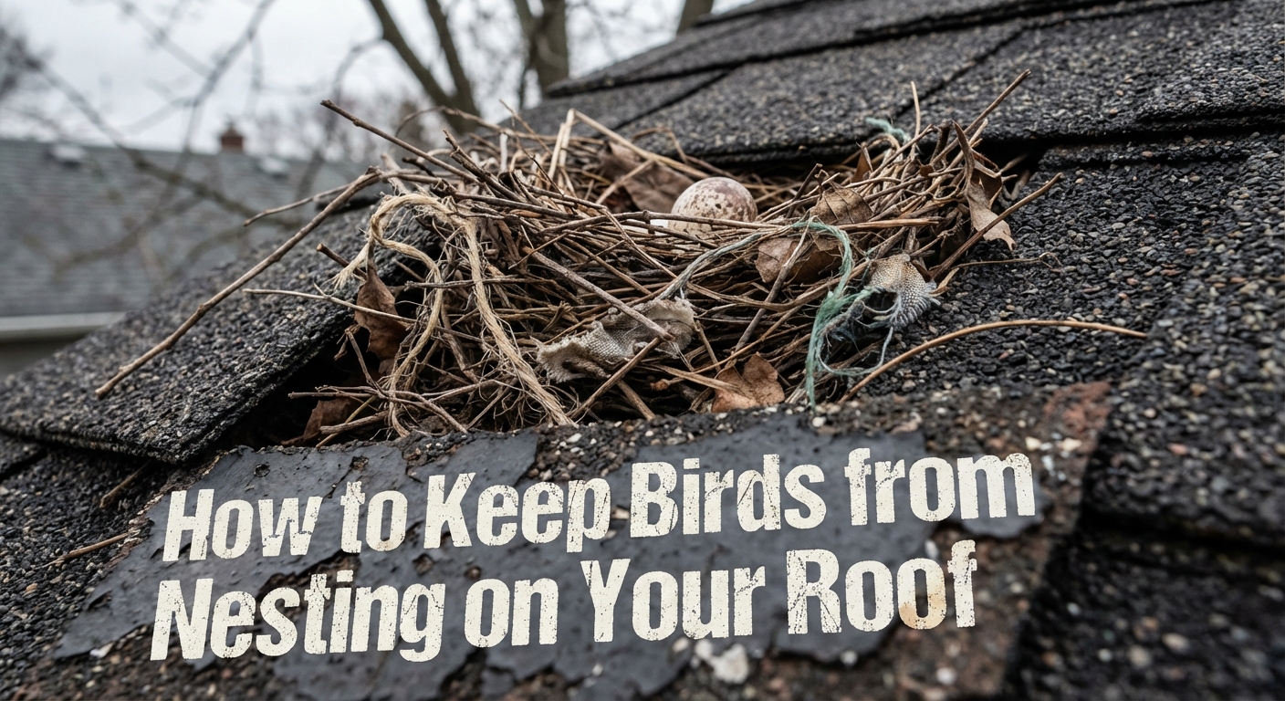 Bird nest with egg on roof. Prevent birds nesting on your roof.