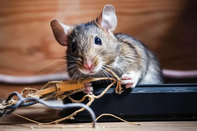 Gray mouse chewing on electrical wires